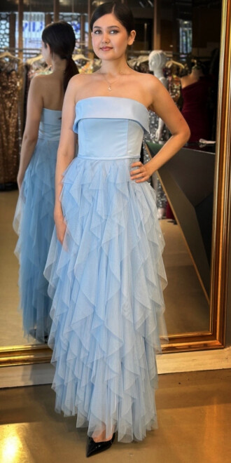 Mavi Straplez Yaka Kloş Etekli Tül Uzun Abiye Elbise 11040 - abiyeniall