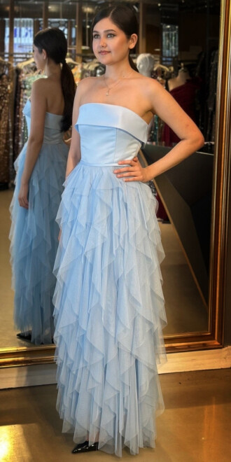 Mavi Straplez Yaka Kloş Etekli Tül Uzun Abiye Elbise 11040 - 2