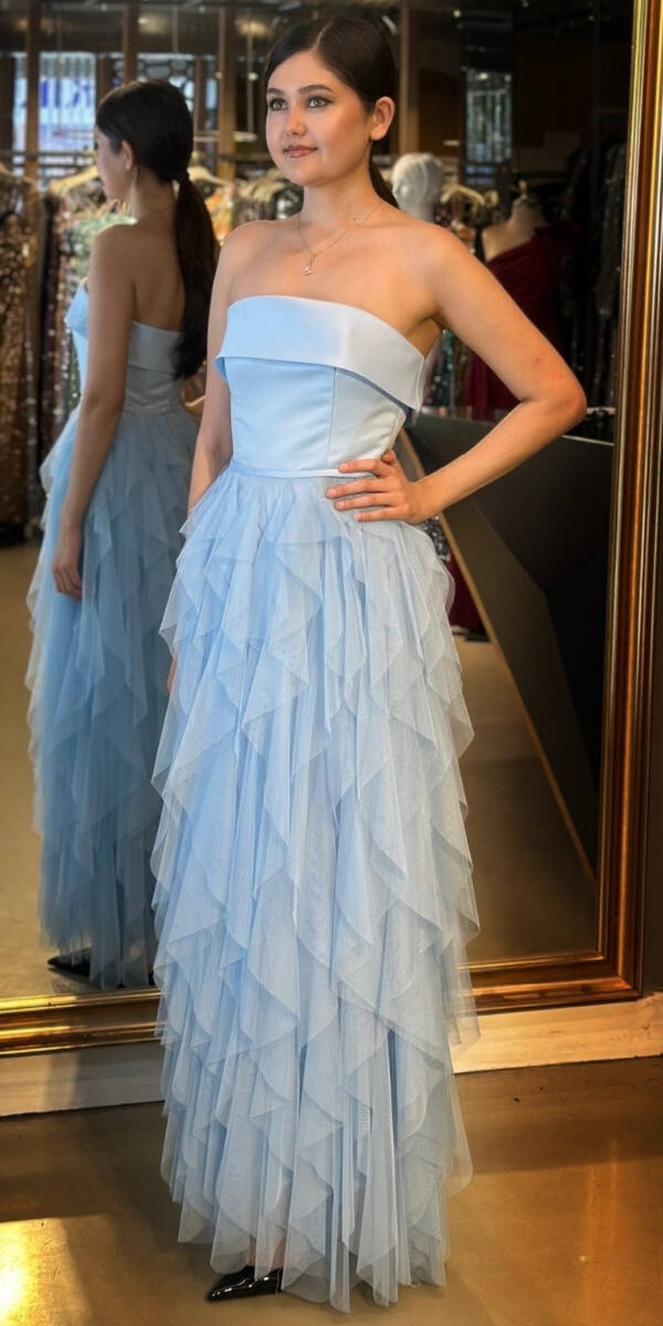 Mavi Straplez Yaka Kloş Etekli Tül Uzun Abiye Elbise 11040 - 2