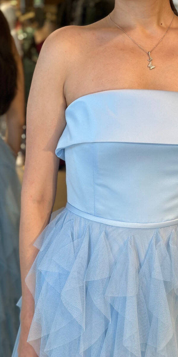 Mavi Straplez Yaka Kloş Etekli Tül Uzun Abiye Elbise 11040 - 4