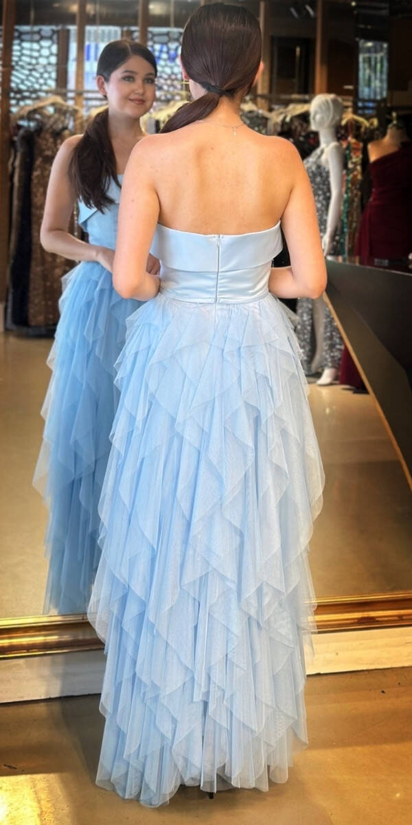 Mavi Straplez Yaka Kloş Etekli Tül Uzun Abiye Elbise 11040 - 5