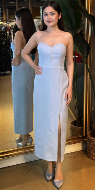 Mavi Taş Detaylı Yırtmaçlı Düz Kesim Krep Midi Abiye Elbise 7734 - abiyeniall