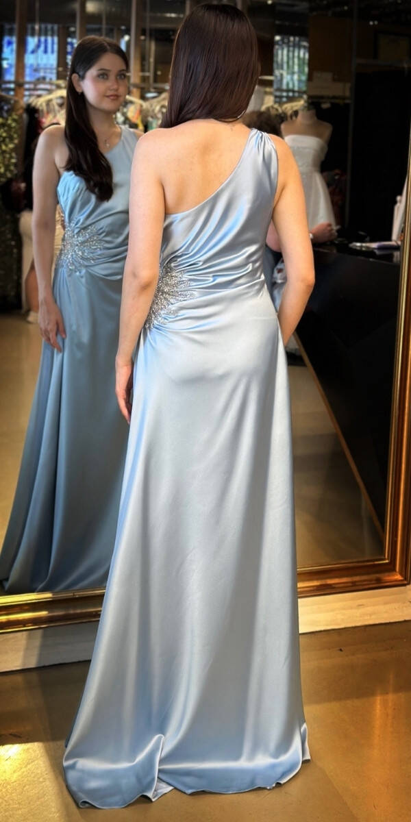 Mavi Tek Omuzlu Taş Detaylı Düz Kesim Saten Uzun Abiye Elbise 7684 - 5