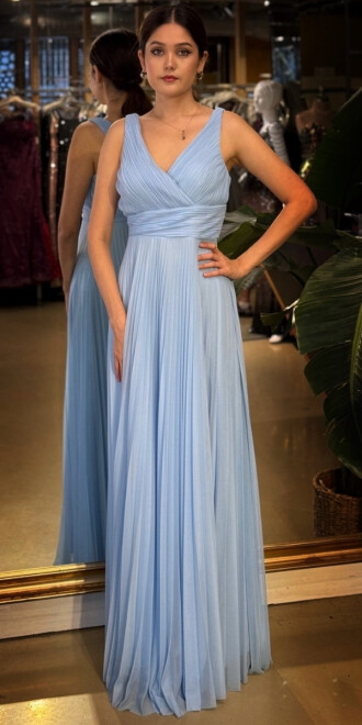 Mavi V Yaka Kalın Askı Kloş Etekli Şifon Uzun Abiye Elbise 11098-02 - abiyeniall