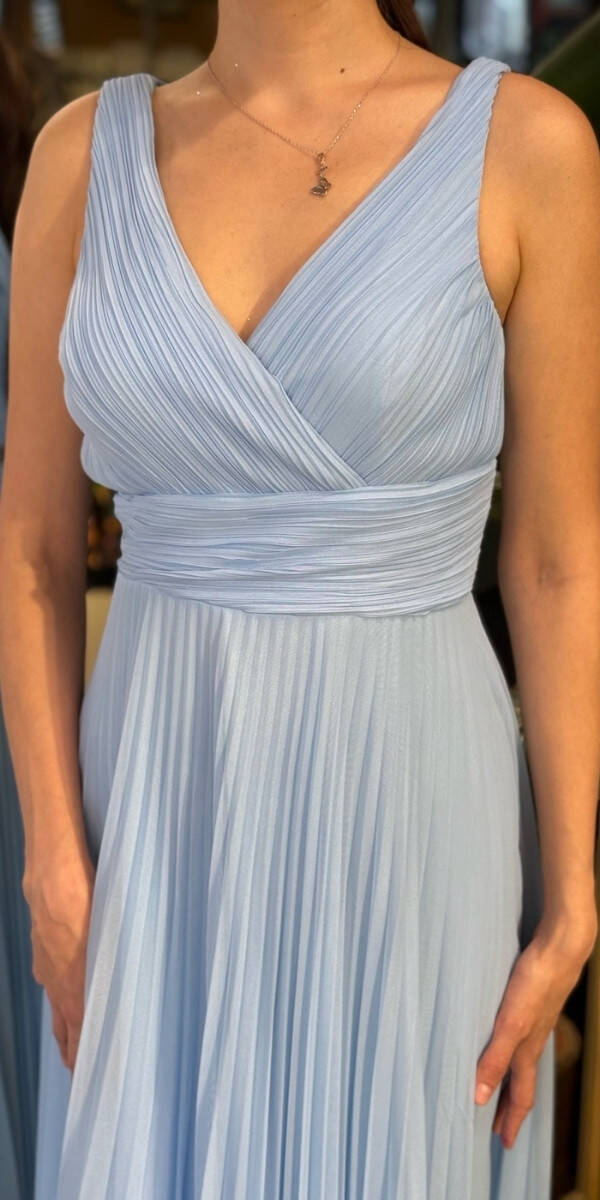 Mavi V Yaka Kalın Askı Kloş Etekli Şifon Uzun Abiye Elbise 11098-02 - 4