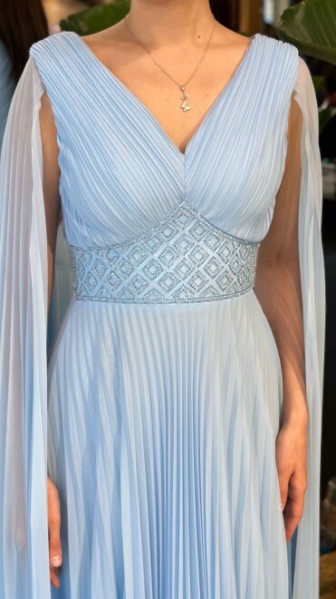 Mavi V Yaka Pelerin Kloş Etekli Şifon Uzun Abiye Elbise 11108-07 - 4