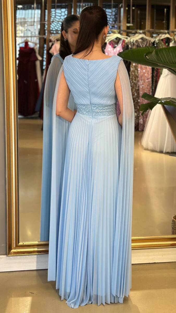 Mavi V Yaka Pelerin Kloş Etekli Şifon Uzun Abiye Elbise 11108-07 - 5