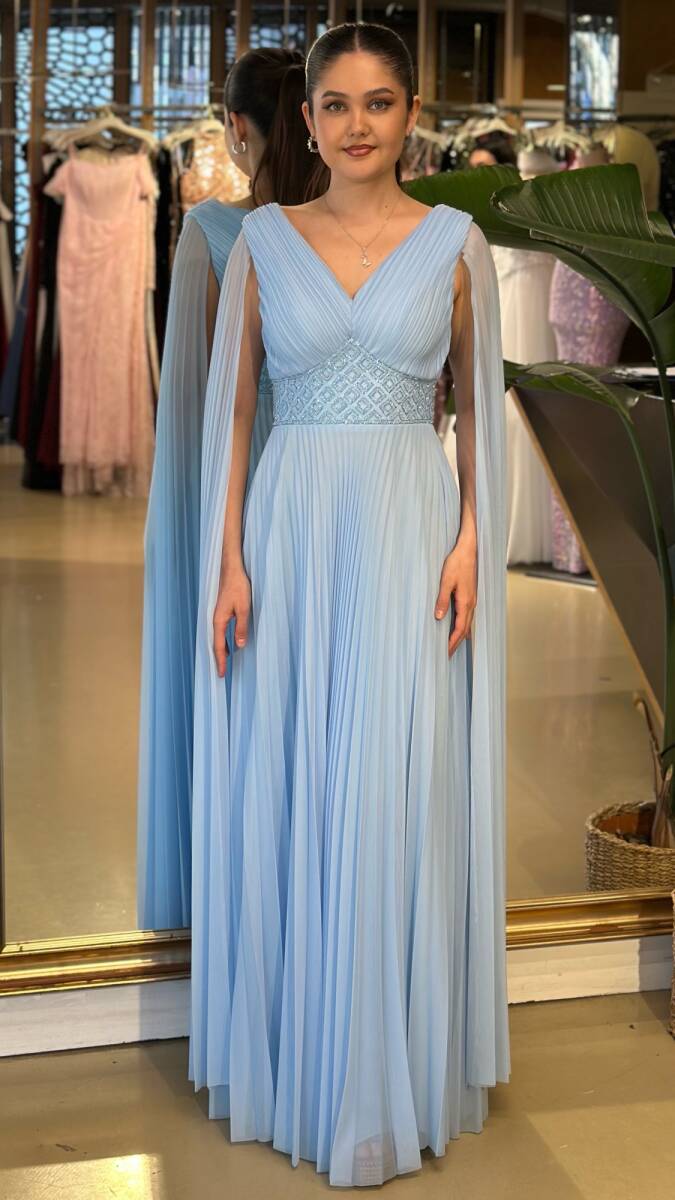 Mavi V Yaka Pelerin Kloş Etekli Şifon Uzun Abiye Elbise 11108-07 - 1