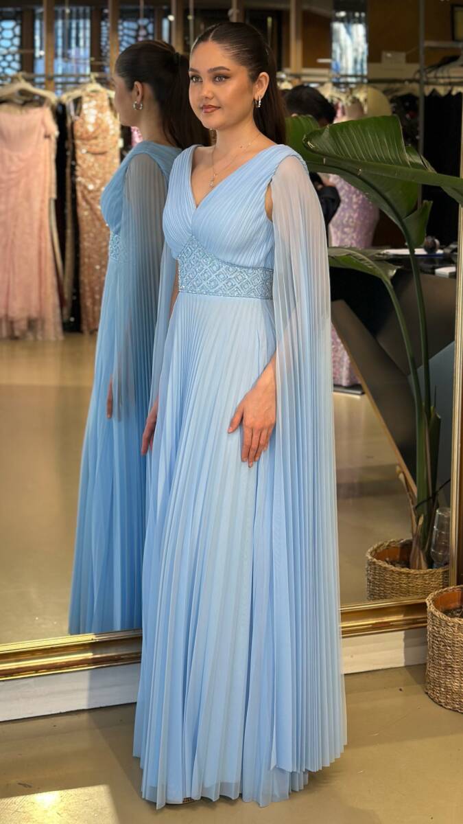 Mavi V Yaka Pelerin Kloş Etekli Şifon Uzun Abiye Elbise 11108-07 - 2