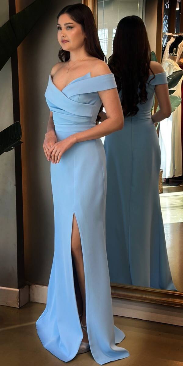 Mavi Yırtmaçlı Balık Etekli Krep Uzun Abiye Elbise 7507 - 3