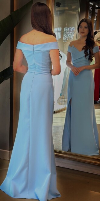 Mavi Yırtmaçlı Balık Etekli Krep Uzun Abiye Elbise 7507 - 5