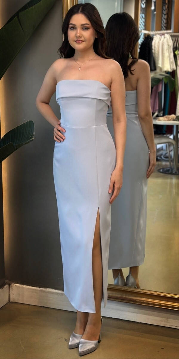 Mavi Straplez Yaka Yırtmaçlı Düz Kesim Krep Midi Abiye Elbise 7692 - 1