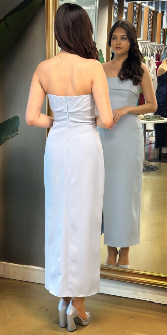 Mavi Straplez Yaka Yırtmaçlı Düz Kesim Krep Midi Abiye Elbise 7692 - 5