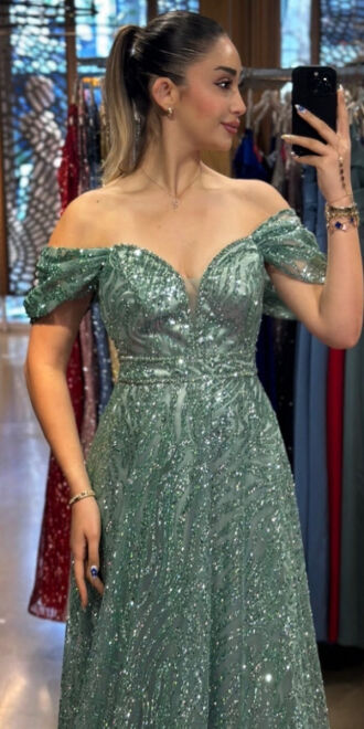 Mint Boncuk İşlemeli Madonna Yaka Kloş Etekli Simli Uzun Abiye Elbise 7547 - 2