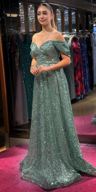 Mint Boncuk İşlemeli Madonna Yaka Kloş Etekli Simli Uzun Abiye Elbise 7547 - 3