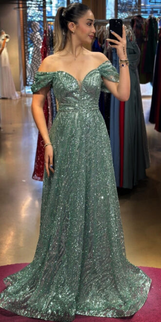 Mint Boncuk İşlemeli Madonna Yaka Kloş Etekli Simli Uzun Abiye Elbise 7547 - abiyeniall