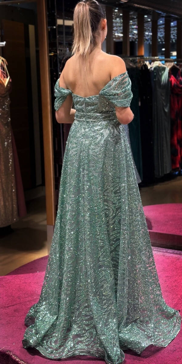 Mint Boncuk İşlemeli Madonna Yaka Kloş Etekli Simli Uzun Abiye Elbise 7547 - 5