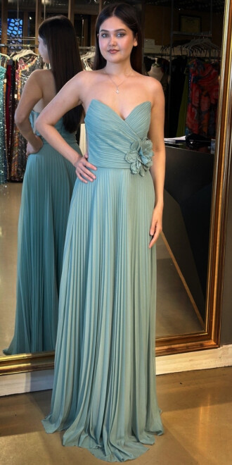 Mint Straplez Yaka Çiçek Detaylı Kloş Etekli Tül Uzun Abiye Elbise 11003 