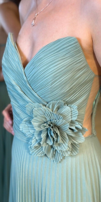 Mint Straplez Yaka Çiçek Detaylı Kloş Etekli Tül Uzun Abiye Elbise 11003 - 4