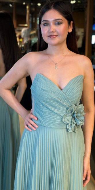 Mint Straplez Yaka Çiçek Detaylı Kloş Etekli Tül Uzun Abiye Elbise 11003 - 3