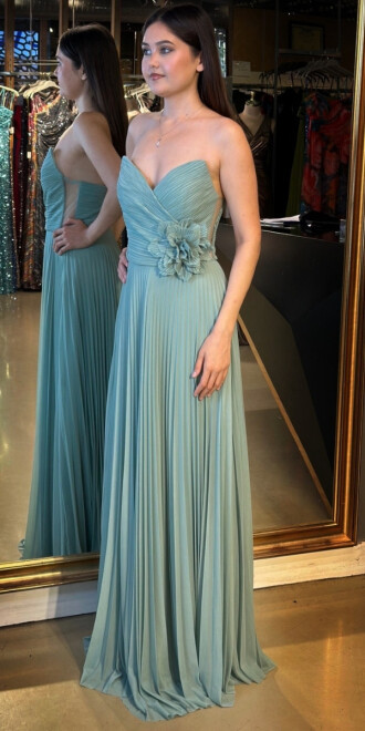 Mint Straplez Yaka Çiçek Detaylı Kloş Etekli Tül Uzun Abiye Elbise 11003 - 2