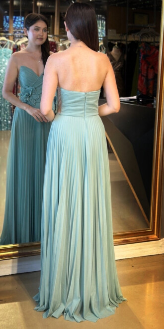 Mint Straplez Yaka Çiçek Detaylı Kloş Etekli Tül Uzun Abiye Elbise 11003 - 5