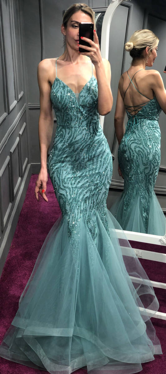 Mint İp Askılı Sırt Dekolteli Balık Etekli Simli Uzun Abiye Elbise 7269 - 1