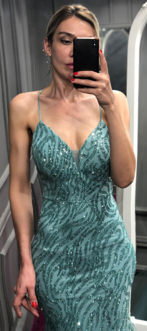 Mint İp Askılı Sırt Dekolteli Balık Etekli Simli Uzun Abiye Elbise 7269 - 2