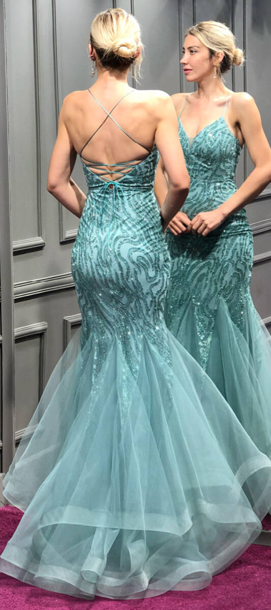 Mint İp Askılı Sırt Dekolteli Balık Etekli Simli Uzun Abiye Elbise 7269 - 3