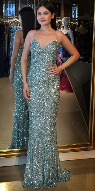 Mint İp Askılı V Yaka Sırt Dekolteli Balık Etekli Pul Payet Uzun Abiye Elbise 7714 - abiyeniall