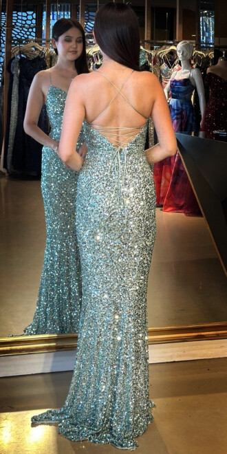 Mint İp Askılı V Yaka Sırt Dekolteli Balık Etekli Pul Payet Uzun Abiye Elbise 7714 - 5