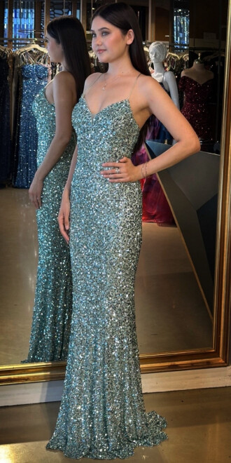 Mint İp Askılı V Yaka Sırt Dekolteli Balık Etekli Pul Payet Uzun Abiye Elbise 7714 - 2