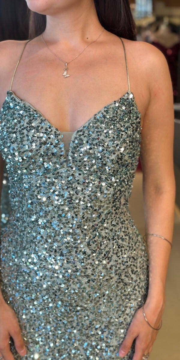 Mint İp Askılı V Yaka Sırt Dekolteli Balık Etekli Pul Payet Uzun Abiye Elbise 7714 - 4