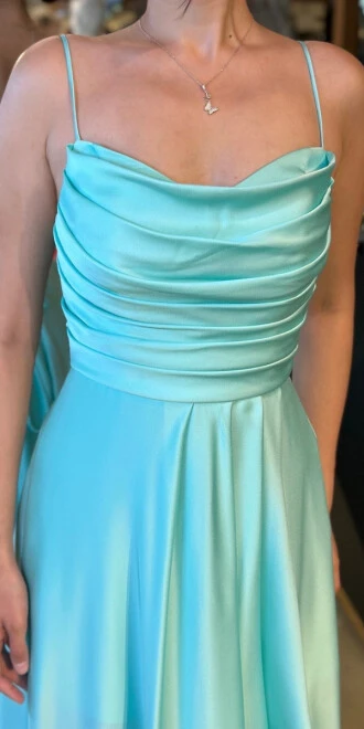 Mint İp Askılı Yırtmaçlı Kloş Etekli Saten Uzun Abiye Elbise 7234 - 4