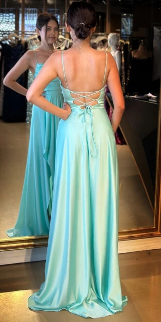 Mint İp Askılı Yırtmaçlı Kloş Etekli Saten Uzun Abiye Elbise 7234 - 5