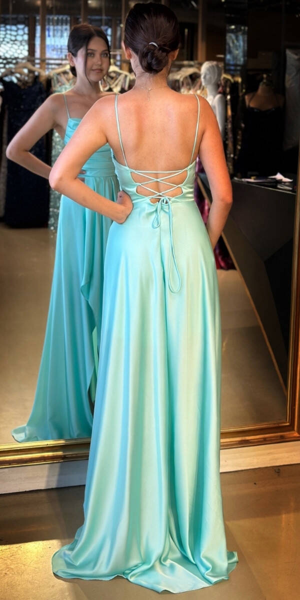 Mint İp Askılı Yırtmaçlı Kloş Etekli Saten Uzun Abiye Elbise 7234 - 5