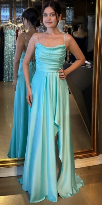 Mint İp Askılı Yırtmaçlı Kloş Etekli Saten Uzun Abiye Elbise 7234 