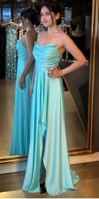 Mint İp Askılı Yırtmaçlı Kloş Etekli Saten Uzun Abiye Elbise 7234 - 2