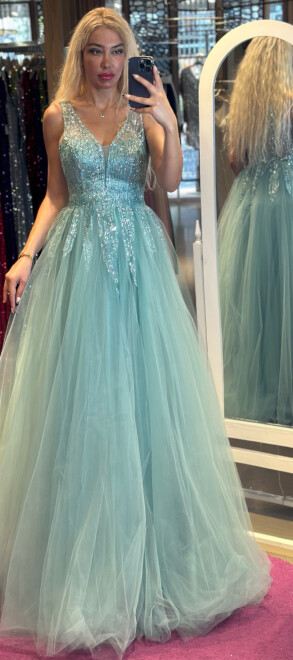 Mint Kalın Askı Kloş Etekli Tül Uzun Abiye Elbise 6871 - abiyeniall