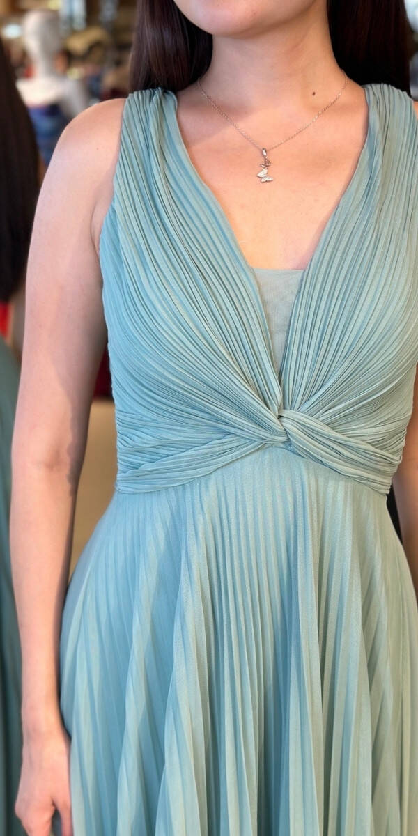 Mint Kalın Askı Sırt Dekolteli Kloş Etekli Şifon Tül Uzun Abiye Elbise 7645 - 4