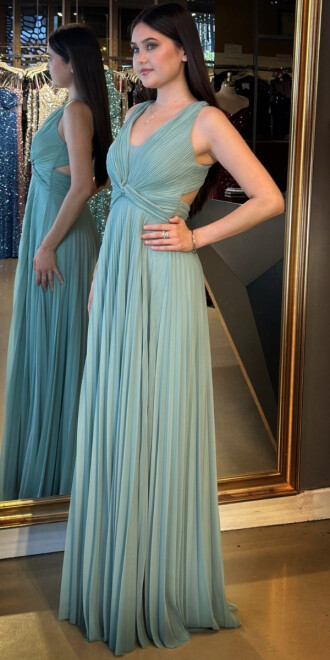 Mint Kalın Askı Sırt Dekolteli Kloş Etekli Şifon Tül Uzun Abiye Elbise 7645 - 2