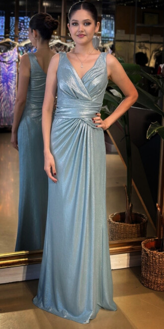 Mint Kalın Askı V Yaka Anvelop Yırtmaçlı Düz Kesim Simli Uzun Abiye Elbise 11074 - 1