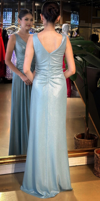 Mint Kalın Askı V Yaka Anvelop Yırtmaçlı Düz Kesim Simli Uzun Abiye Elbise 11074 - 5