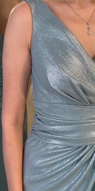 Mint Kalın Askı V Yaka Anvelop Yırtmaçlı Düz Kesim Simli Uzun Abiye Elbise 11074 - 4