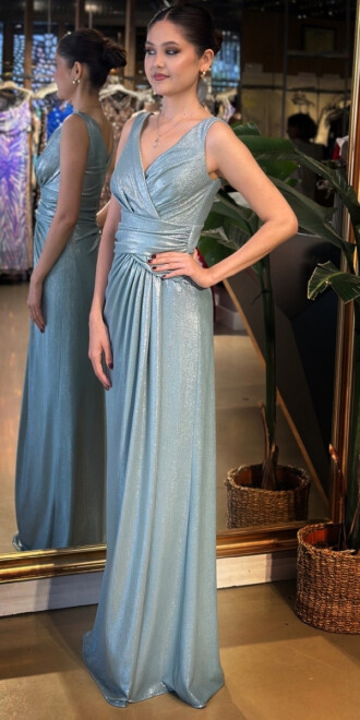 Mint Kalın Askı V Yaka Anvelop Yırtmaçlı Düz Kesim Simli Uzun Abiye Elbise 11074 - 2