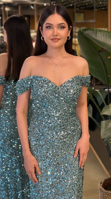 Mint Madonna Yaka Düz Kesim Likralı Payet Uzun Abiye Elbise 11085-10 - 3