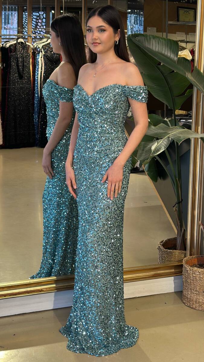 Mint Madonna Yaka Düz Kesim Likralı Payet Uzun Abiye Elbise 11085-10 - 2