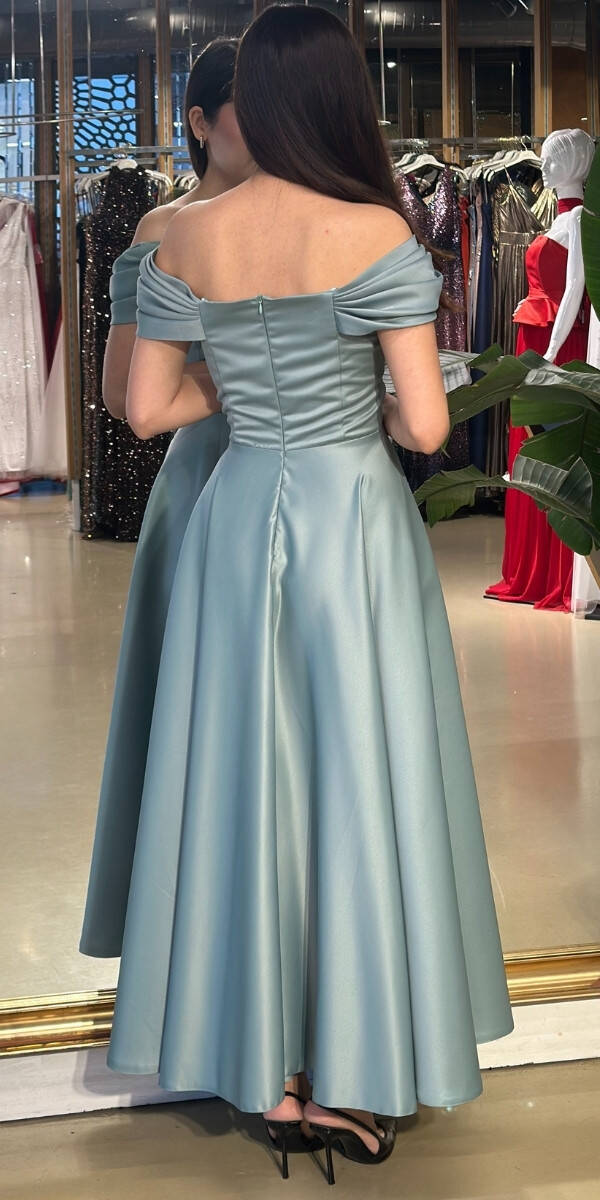 Mint Madonna Yaka Kloş Etekli Saten Midi Abiye Elbise 7672 - 2