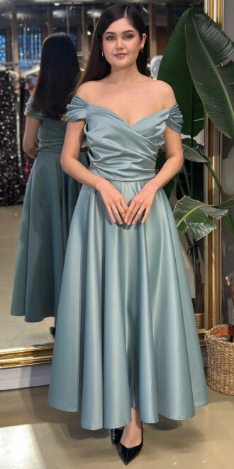 Mint Madonna Yaka Kloş Etekli Saten Midi Abiye Elbise 7672 - abiyeniall