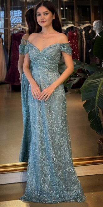 Mint Madonna Yaka Sırt Dekolteli Düz Kesim Simli Uzun Abiye Elbise 11113-01 - abiyeniall